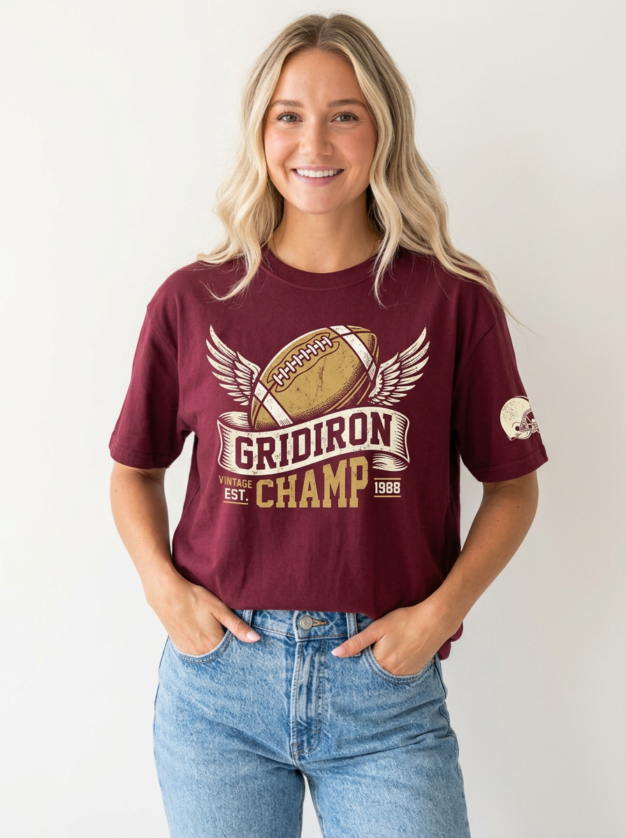 Women's Football Lover Gridiron Champ Winged Ball Printed T-Shirt
