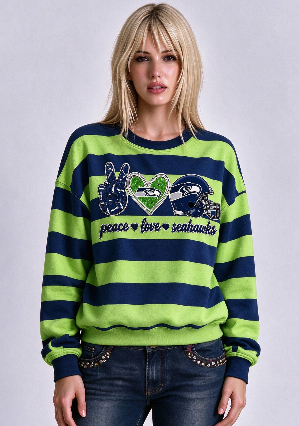 Women's Peace Love Seattle Seahawks Striped Crewneck Sweatshirt