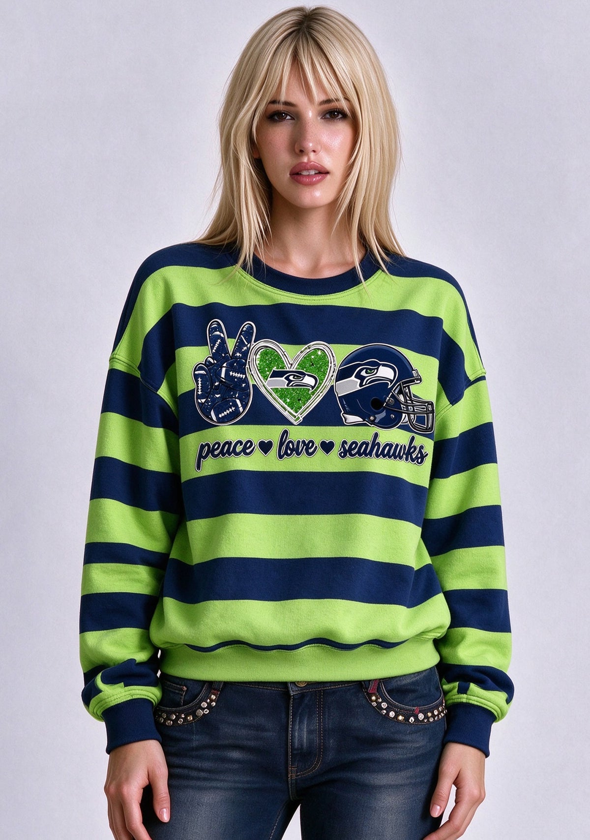 Women's Peace Love Seattle Seahawks Striped Crewneck Sweatshirt