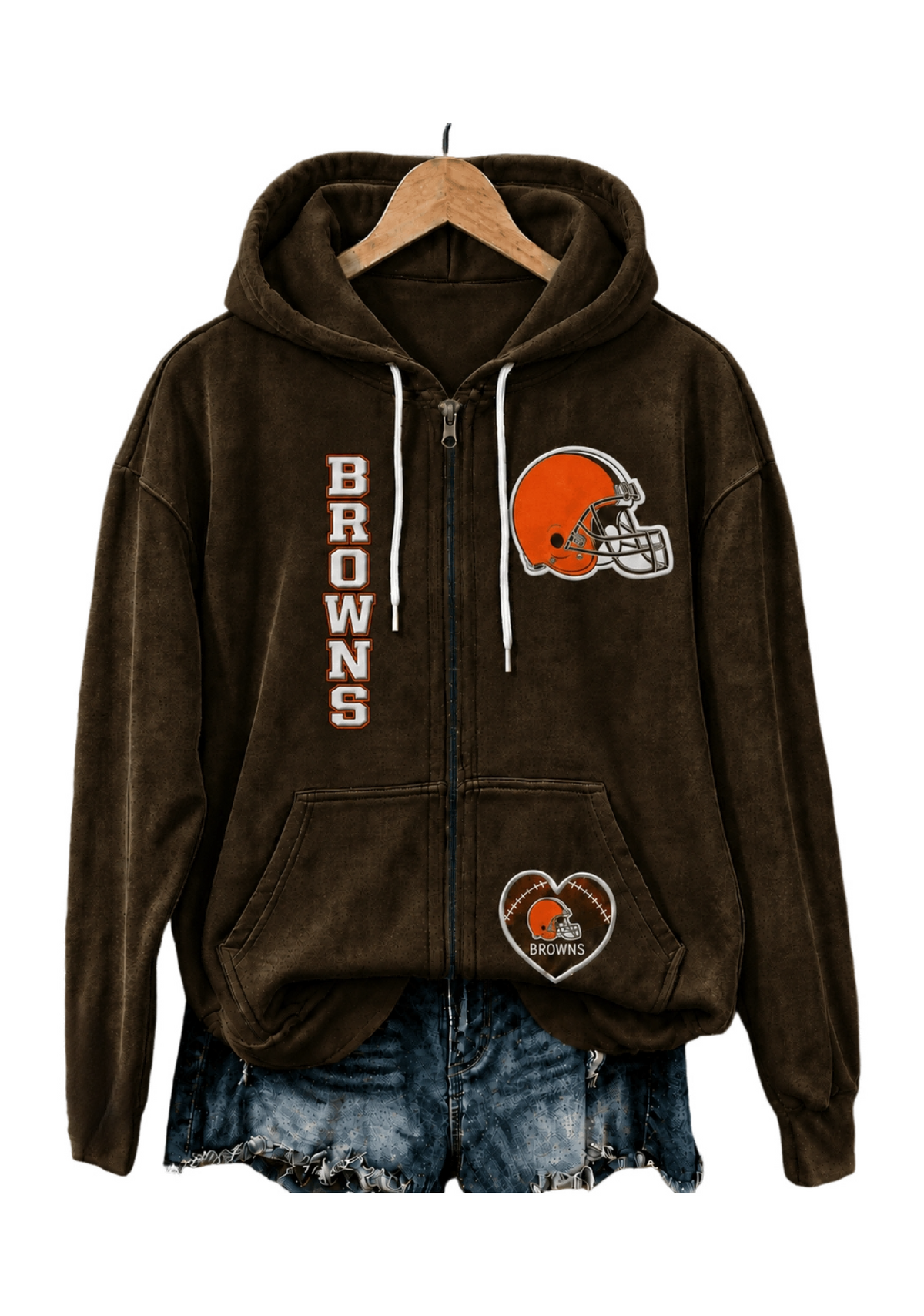Cleveland Browns Women Heart Football Graphic Zip Up Hoodie