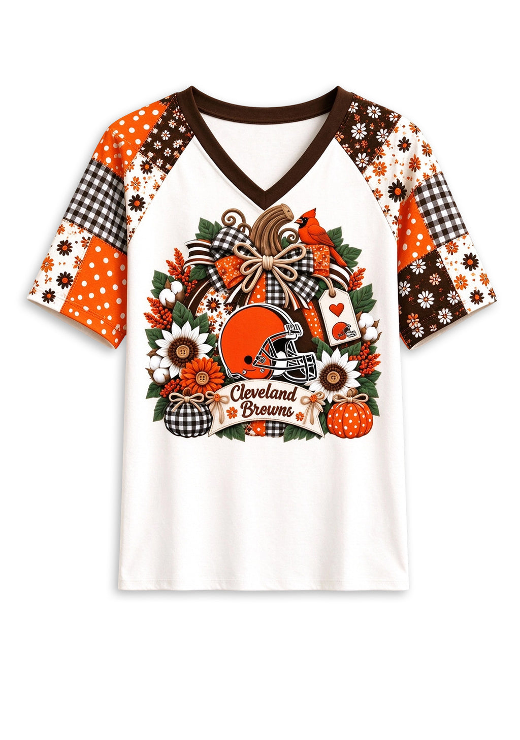 Women's Cleveland Browns Patchwork Sleeve V-Neck Raglan T-Shirt