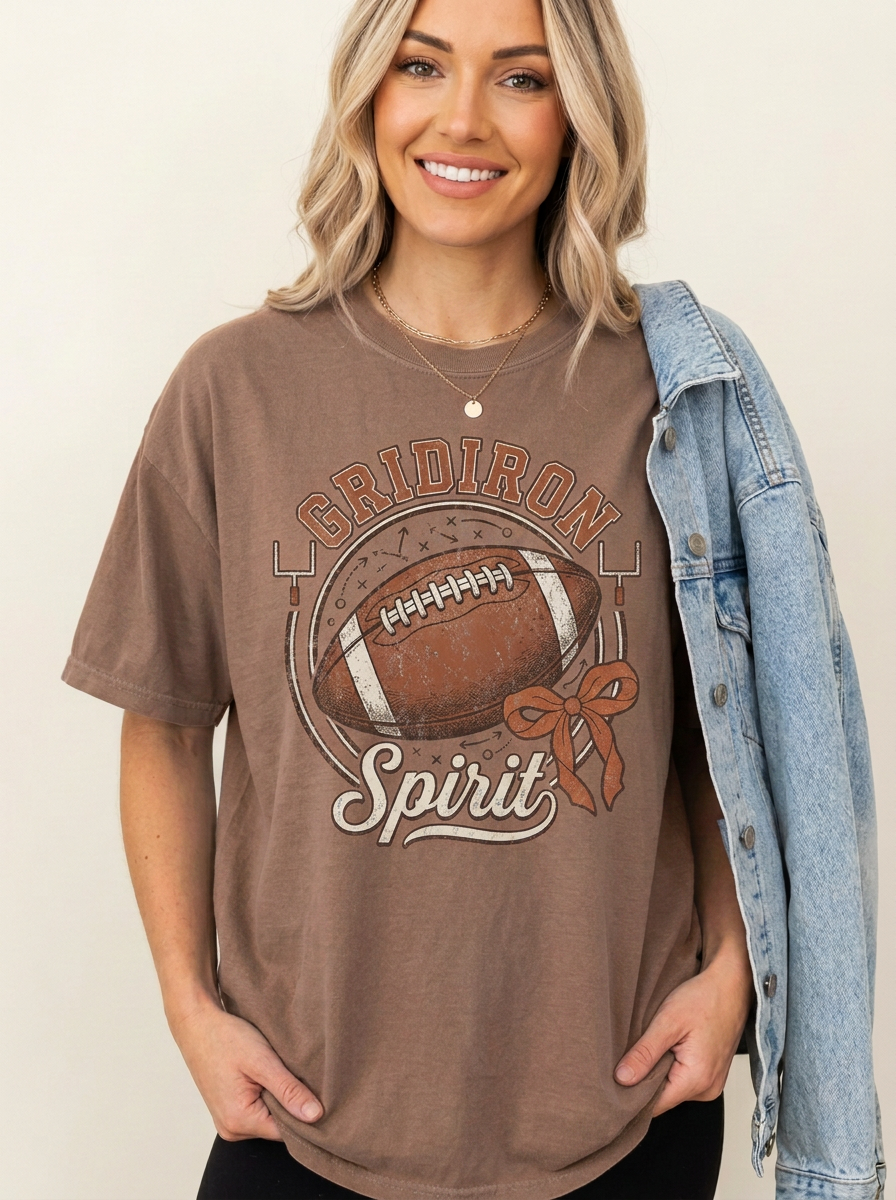 Women's Football Lover Gridiron Spirit Bow Printed T-Shirt