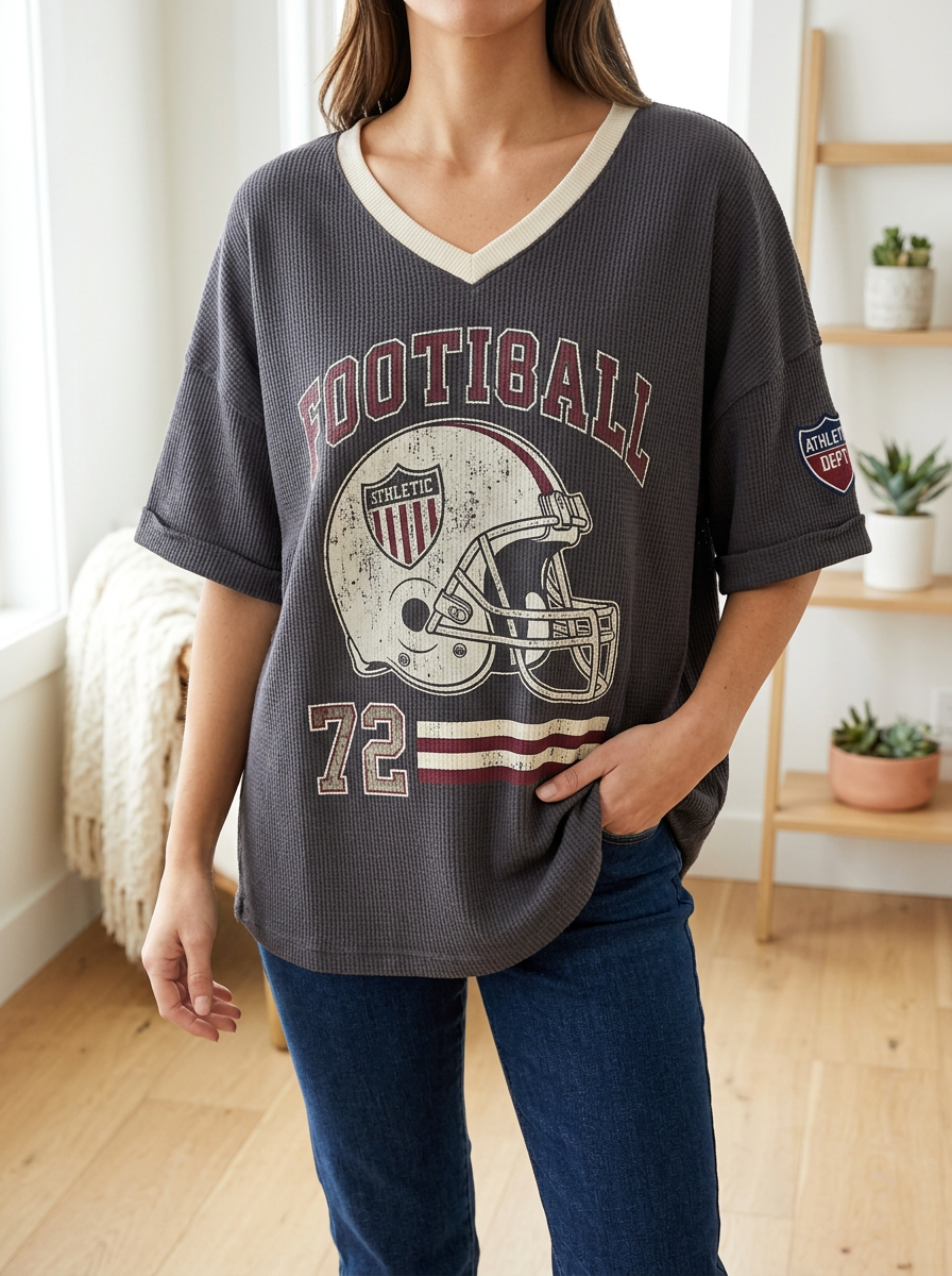 Women's Football Fan Helmet 72 Graphic Printed Waffle Top
