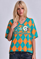 Women's Miami Dolphins Argyle #1 Fan Heart Helmet V-Neck T-Shirt