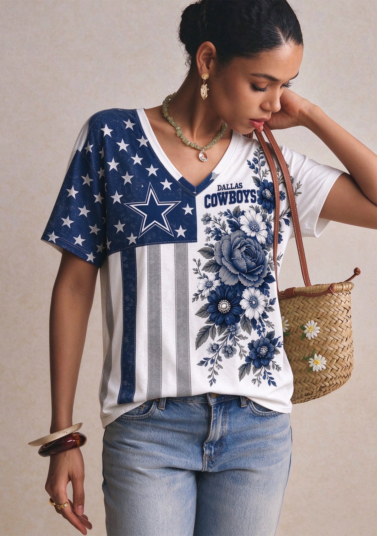 Women's Dallas Cowboys American Flag Floral V-Neck T-Shirt