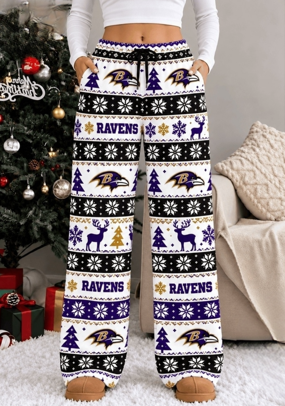 Womens Baltimore Ravens Christmas Wide Leg Pants