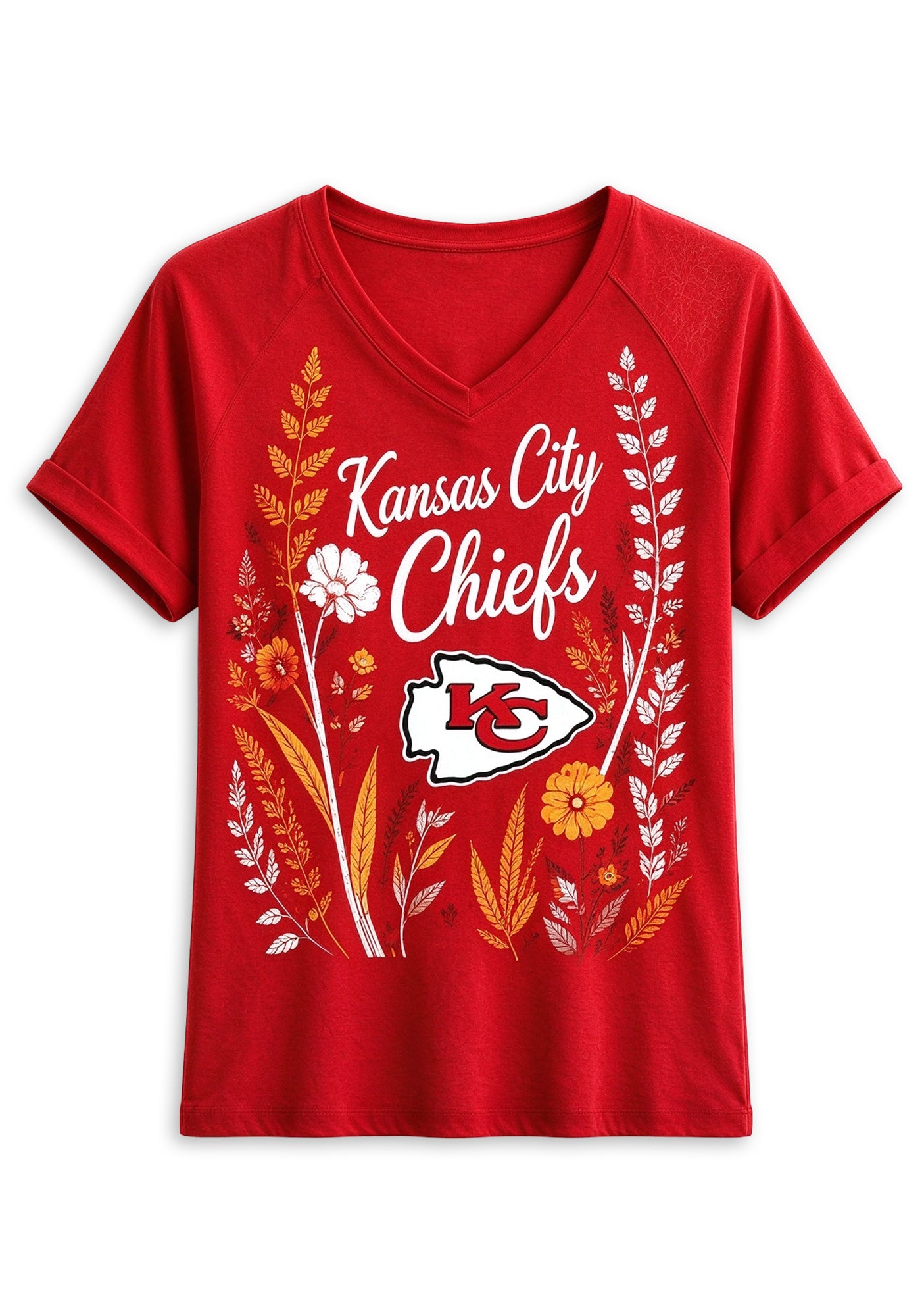 Women's Kansas City Chiefs Wildflower Graphic V-Neck Raglan Rolled T-Shirt Secondary image