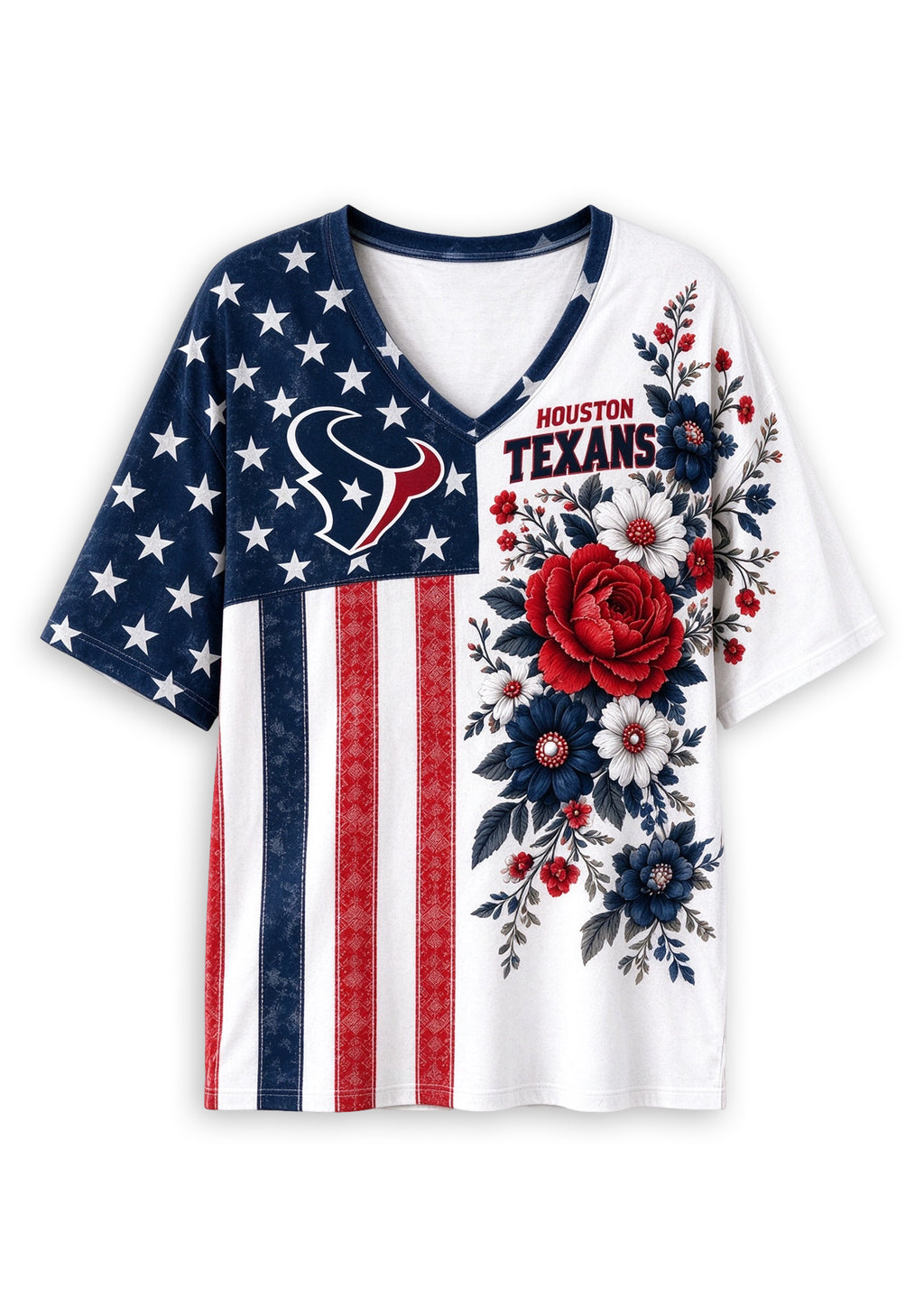 Women's Houston Texans American Flag Floral V-Neck T-Shirt