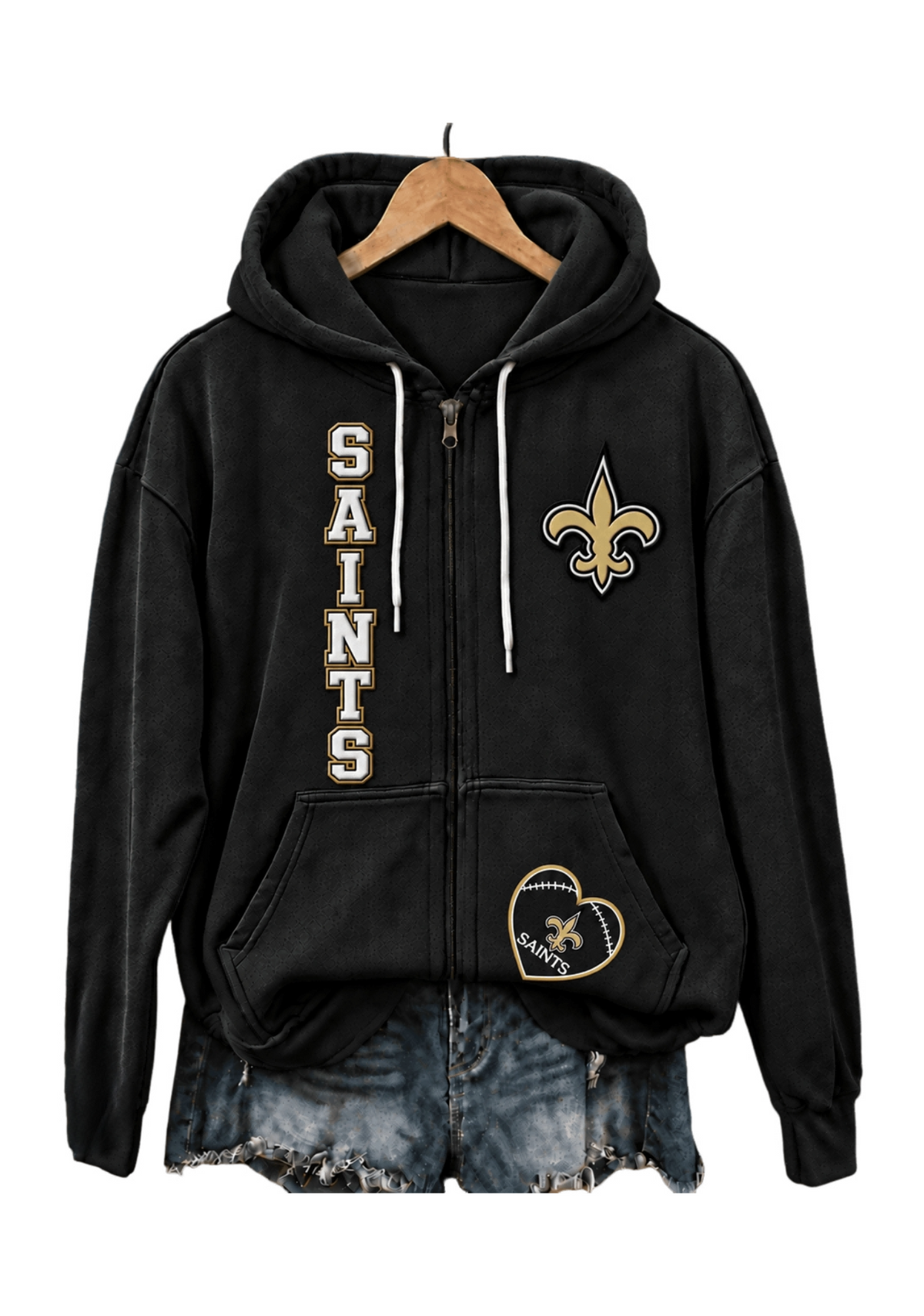 New Orleans Saints Women Heart Football Graphic Zip Up Hoodie