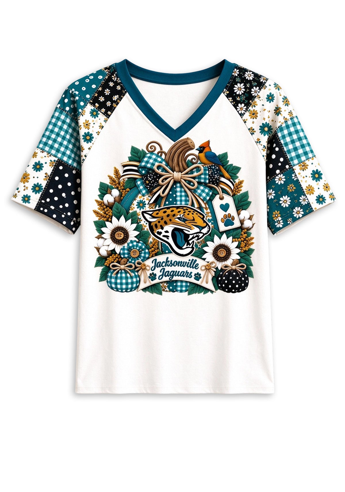Women's Jacksonville Jaguars Patchwork Sleeve V-Neck Raglan T-Shirt