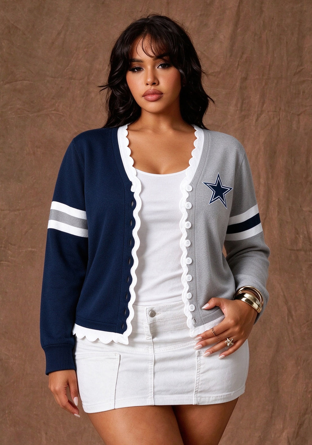 Women's Dallas Cowboys Color Block Scalloped Trim V-Neck Button Cardigan