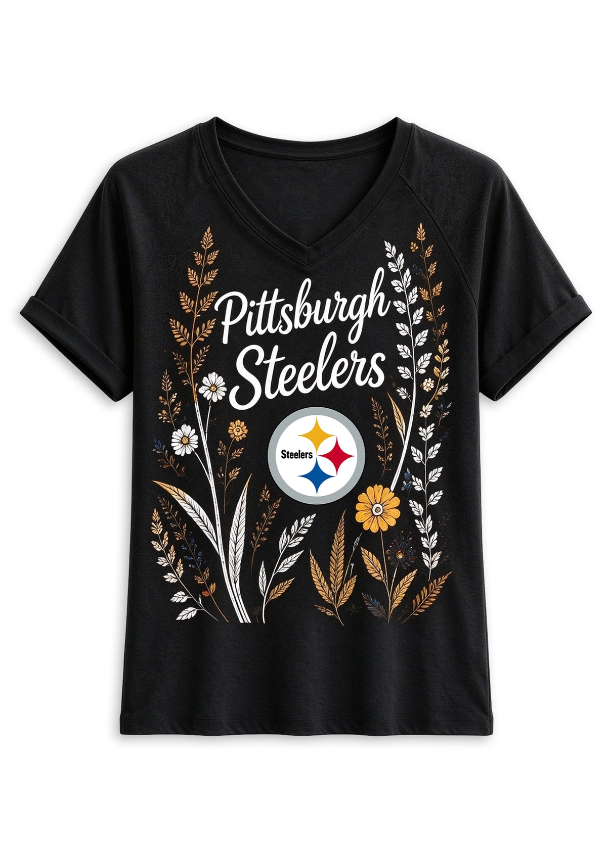 Women's Pittsburgh Steelers Wildflower Graphic V-Neck Raglan Rolled T-Shirt