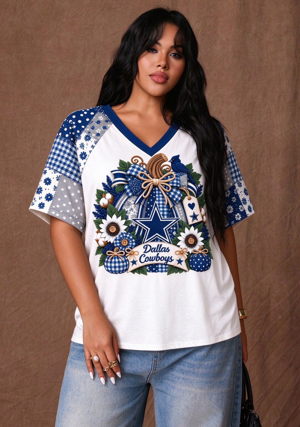 Women's Dallas Cowboys Patchwork Sleeve V-Neck Raglan T-Shirt