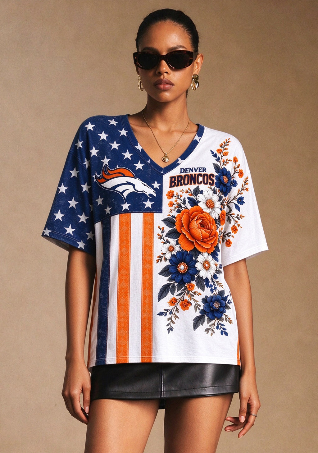 Women's Denver Broncos American Flag Floral V-Neck T-Shirt