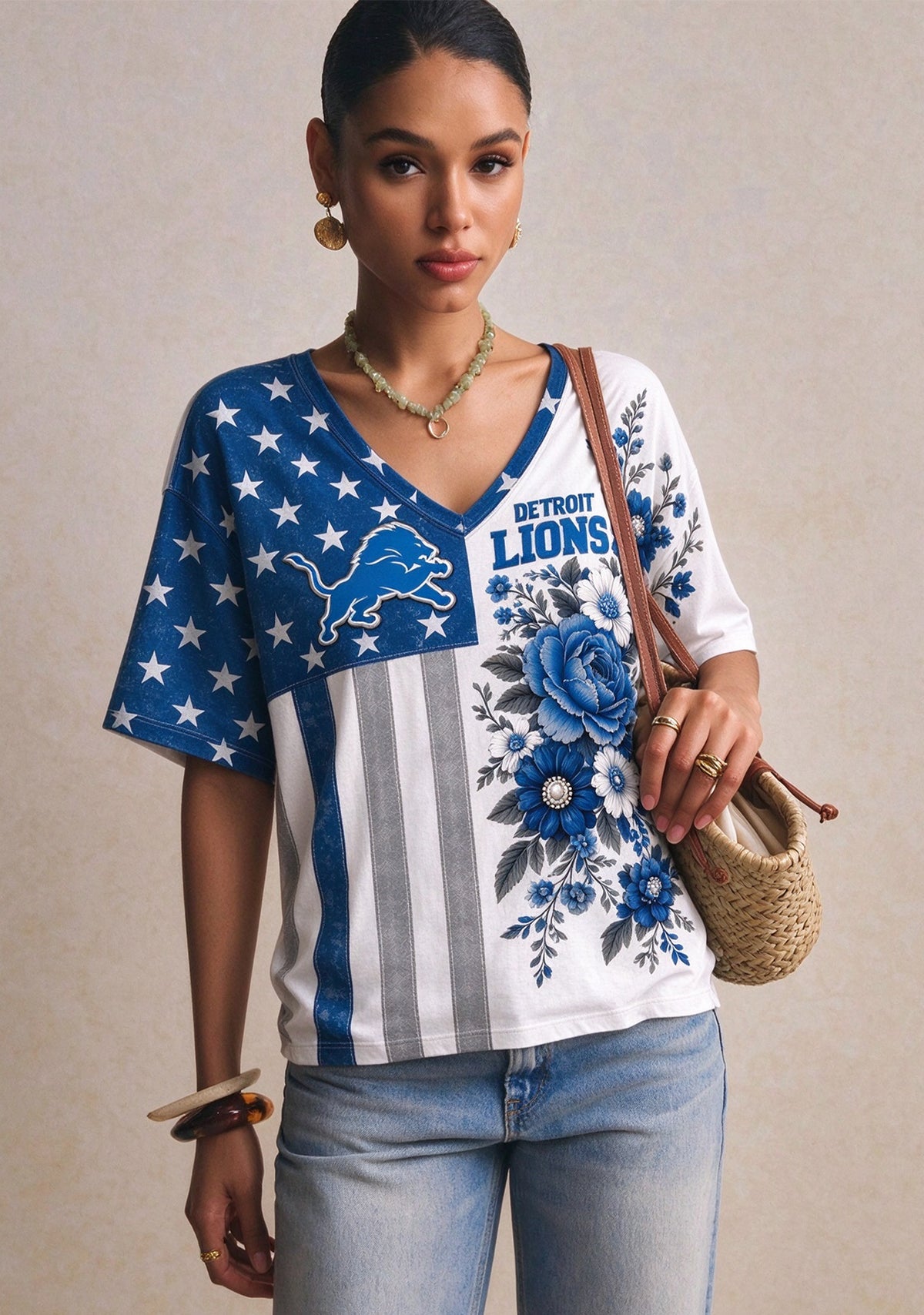 Women's Detroit Lions American Flag Floral V-Neck T-Shirt