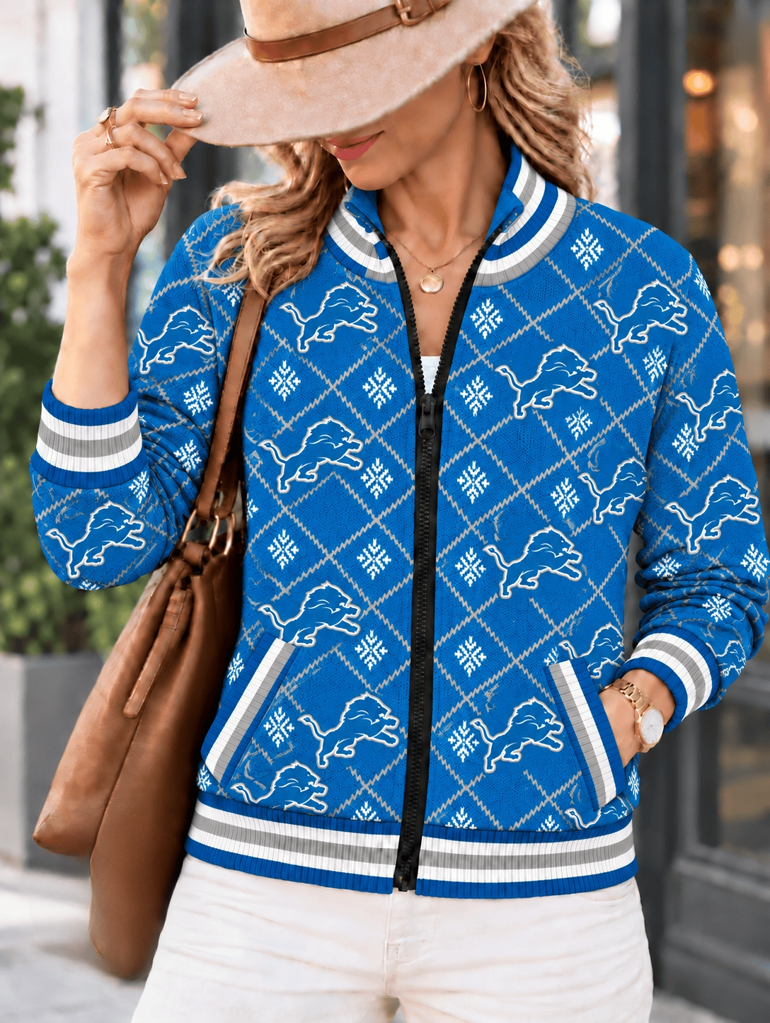 Women's Detroit Lions Argyle Print Zip Up Varsity Jacket