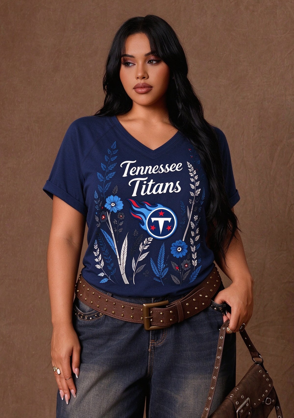 Women's Tennessee Titans Wildflower Graphic V-Neck Raglan Rolled T-Shirt