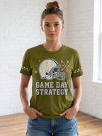 Women's Football Fan Game Day Strategy Helmet Graphic T-shirt