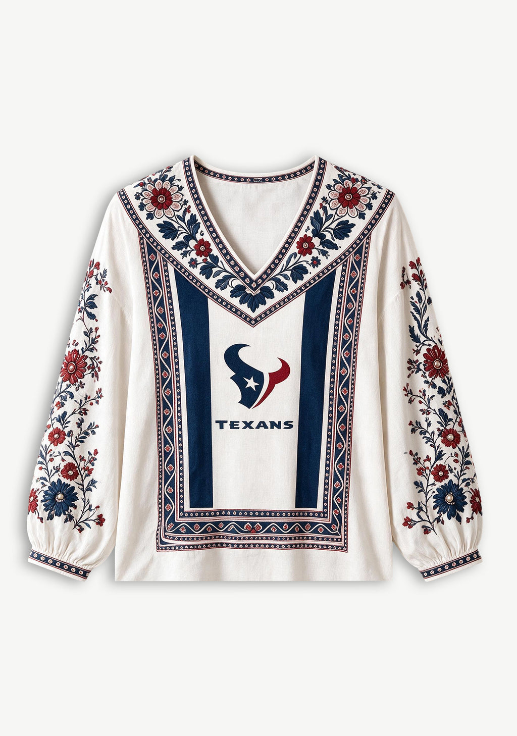 Houston Texans Bohemian Floral Printed V-Neck Long Sleeve Shirt