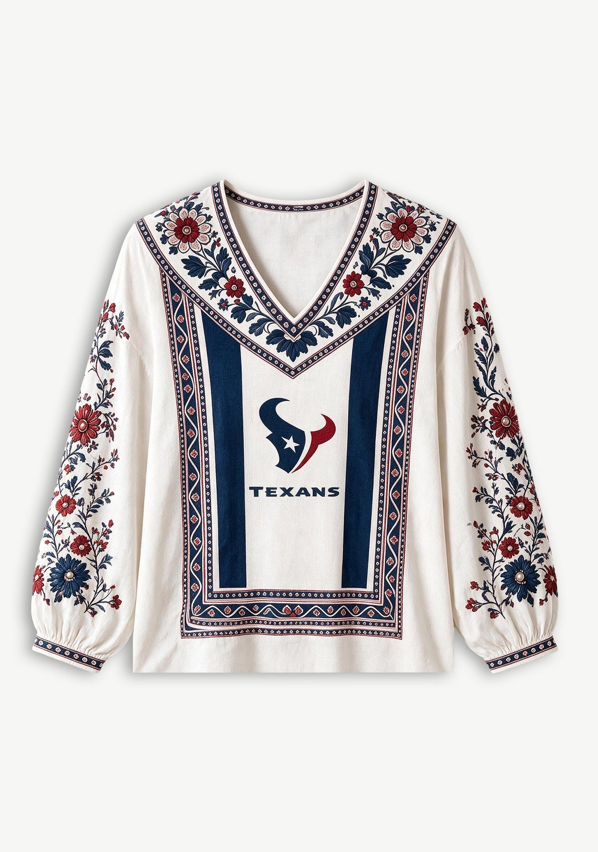 Houston Texans Bohemian Floral Printed V-Neck Long Sleeve Shirt