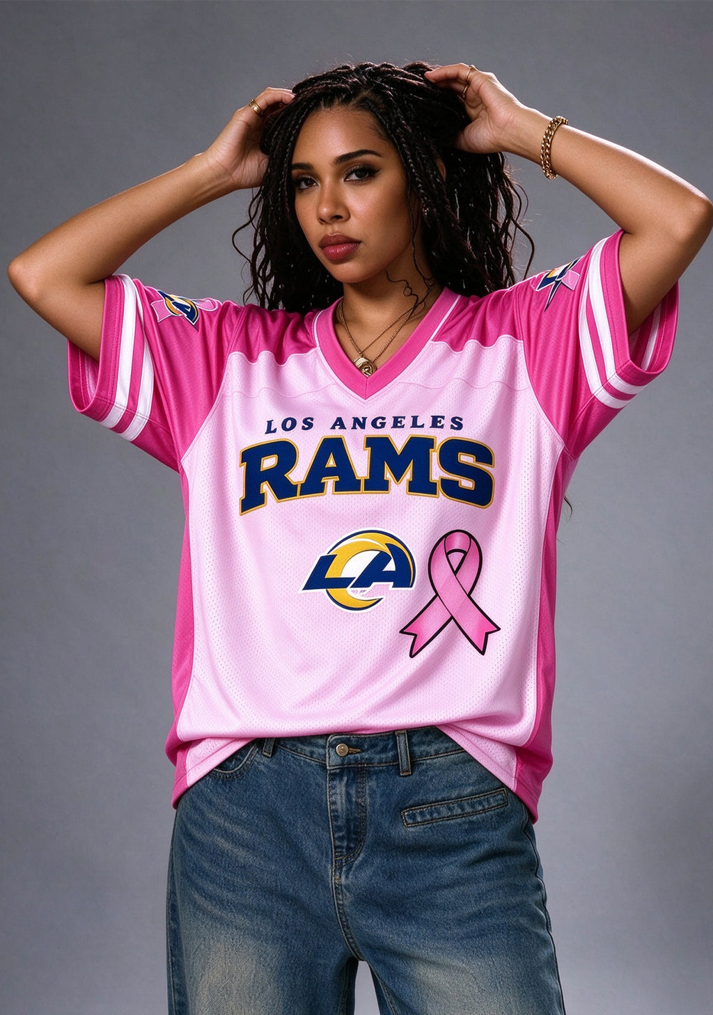 Women Los Angeles Rams Breast Cancer Awareness Pink Ribbon Mesh Jersey