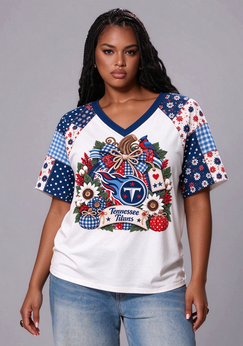 Women's Tennessee Titans Patchwork Sleeve V-Neck Raglan T-Shirt