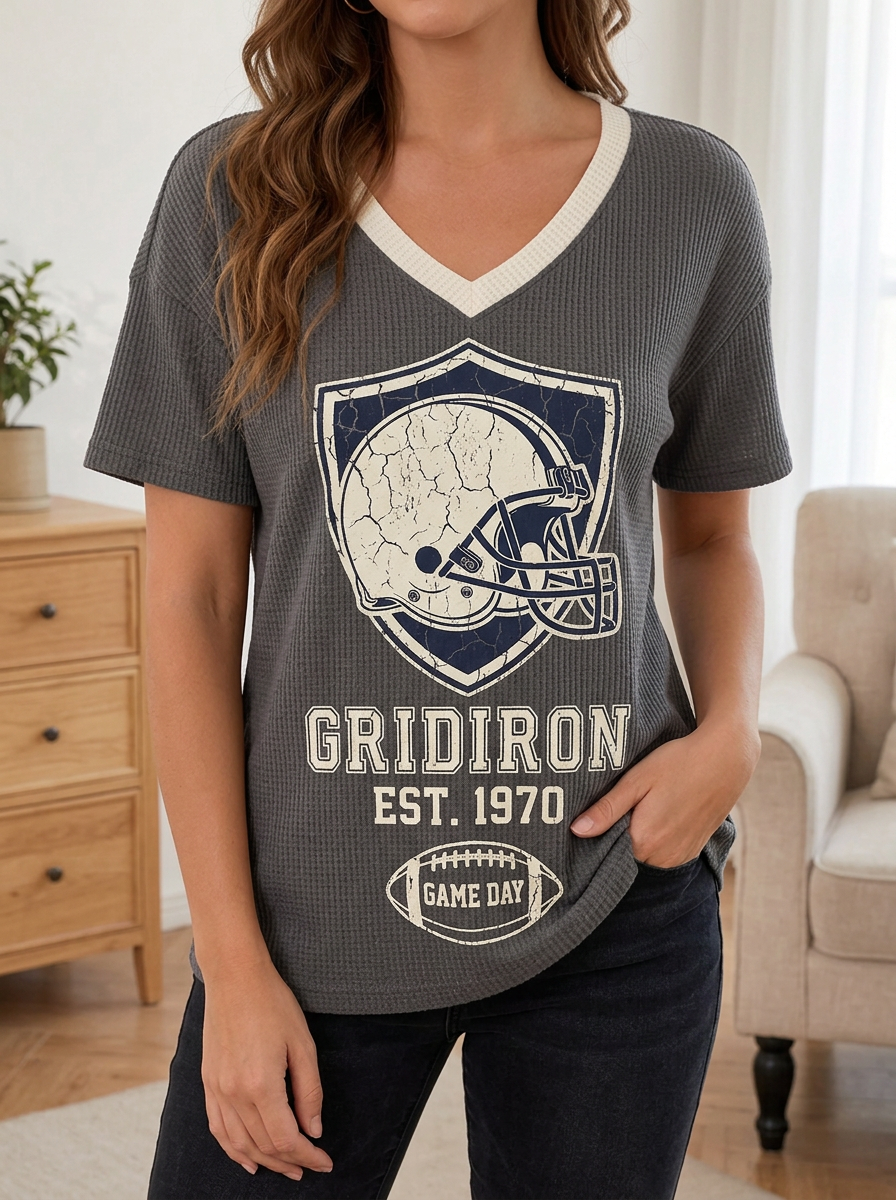 Women's Football Fan Gridiron Helmet Printed Waffle Knit Top