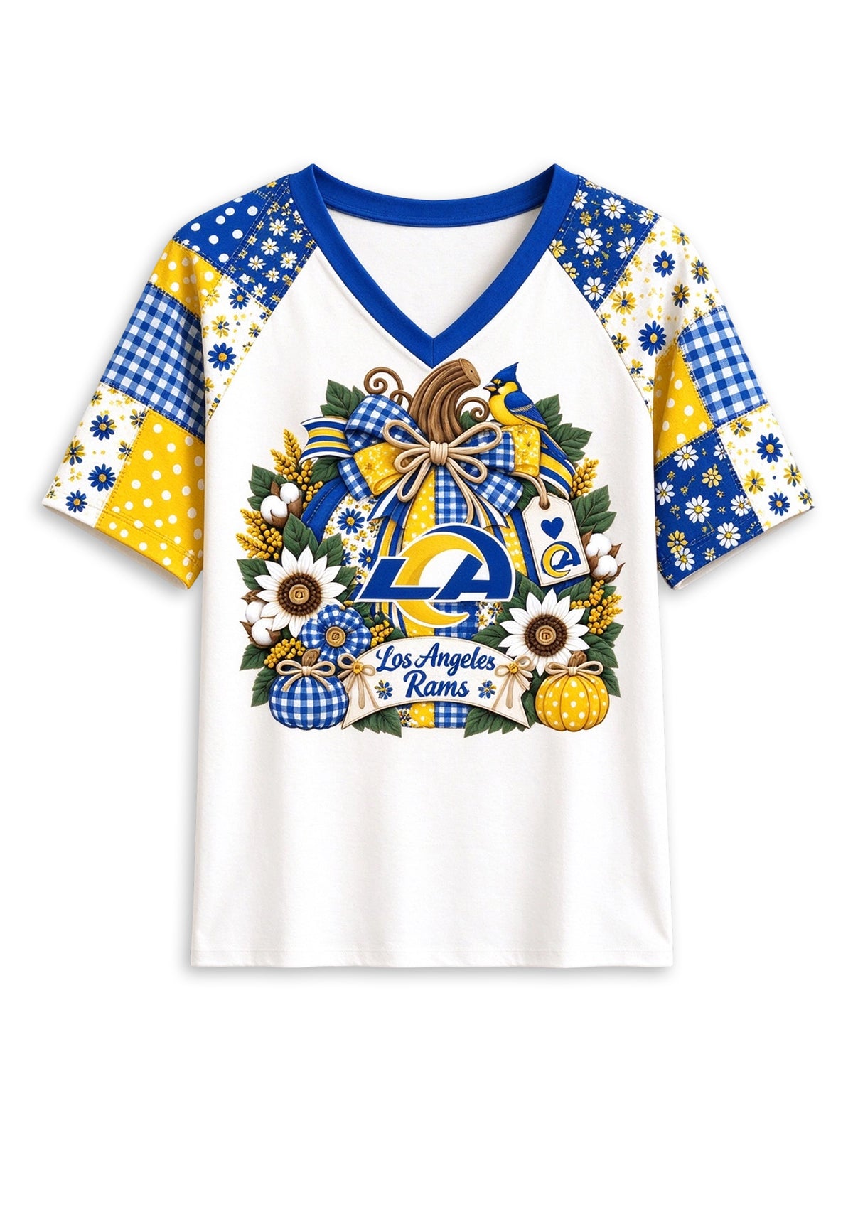 Women's Los Angeles Rams Patchwork Sleeve V-Neck Raglan T-Shirt
