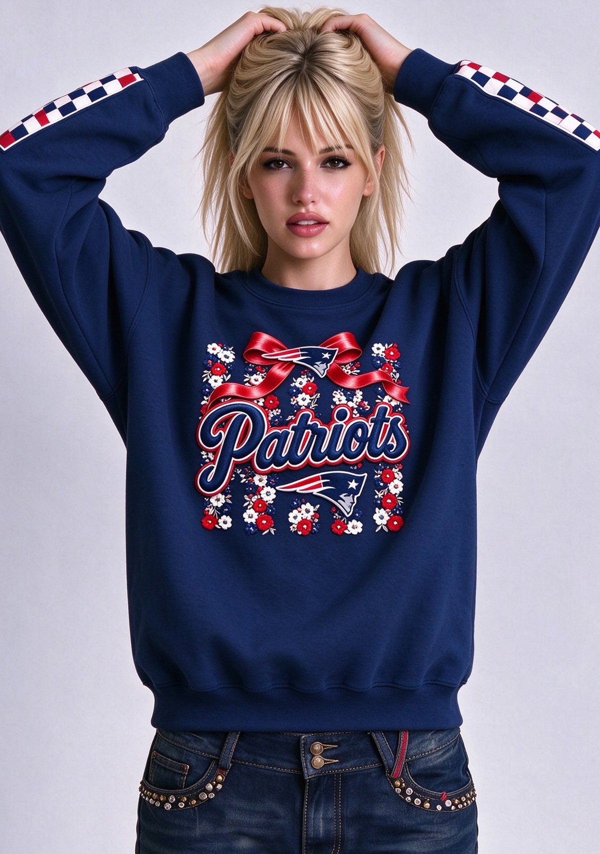 Women's New England Patriots Floral Bow Crewneck Sweatshirt