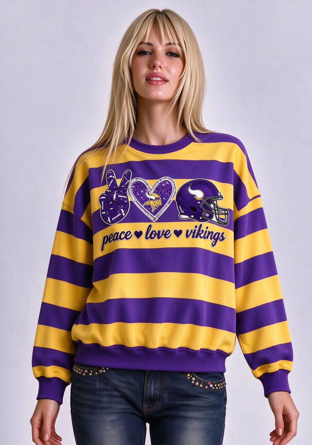 Women's Peace Love Minnesota Vikings Striped Crewneck Sweatshirt