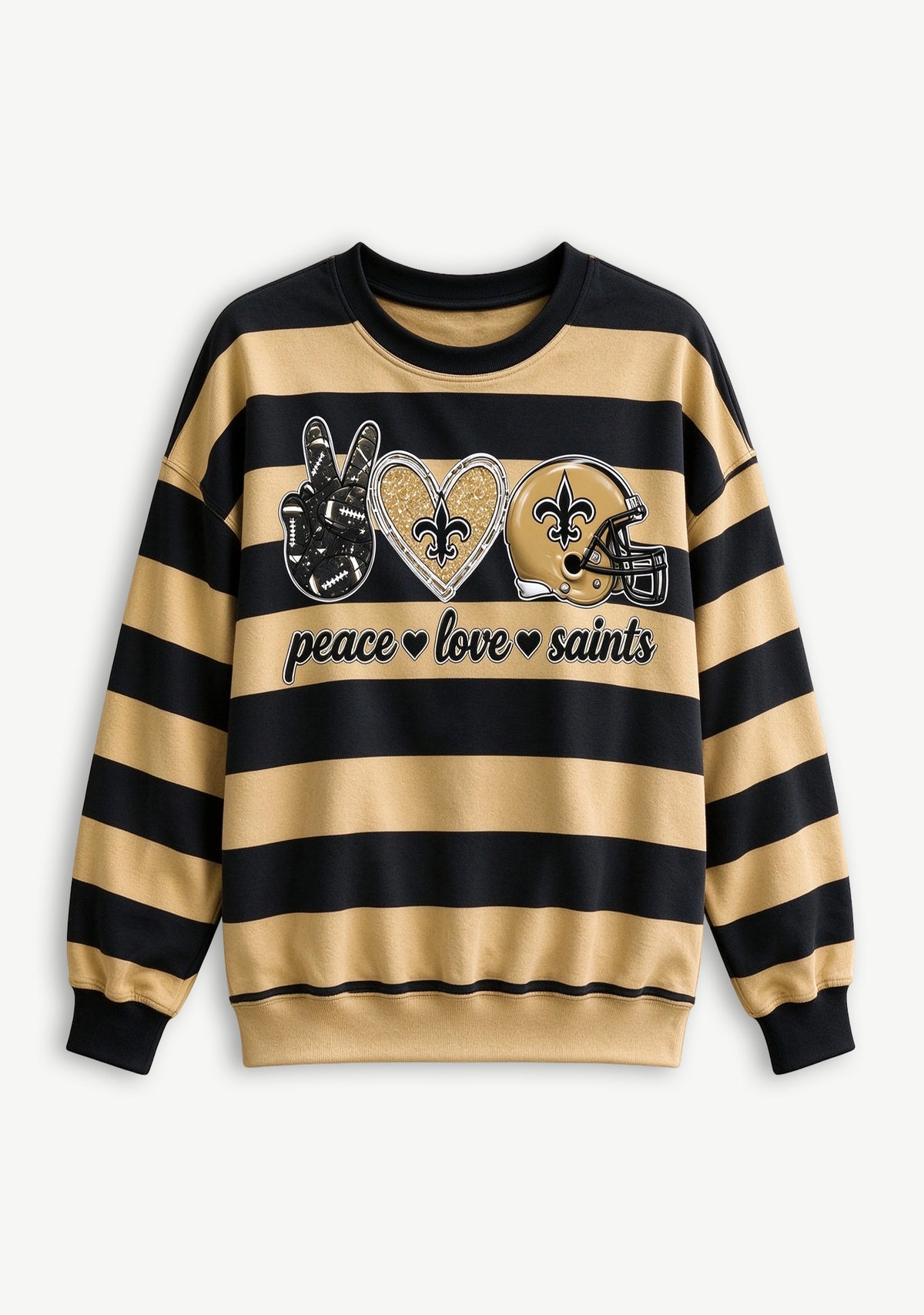 Women's Peace Love New Orleans Saints Striped Crewneck Sweatshirt