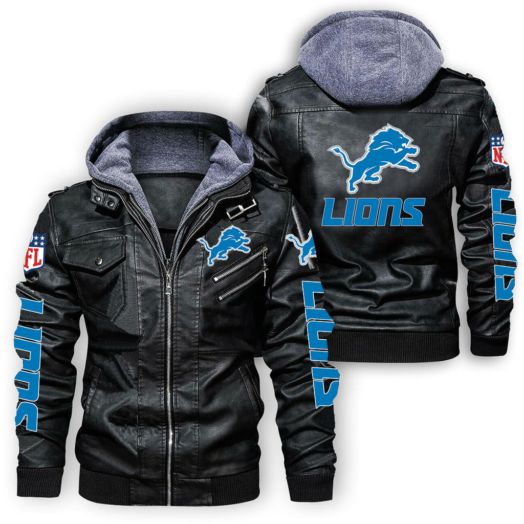 Detroit Lions Logo PU Faux Leather Hooded Jacket