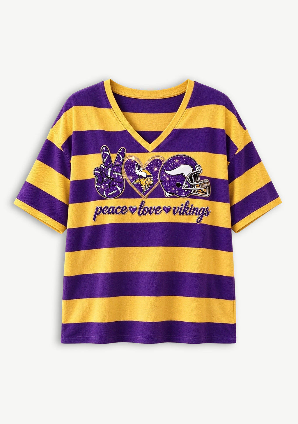 Women's Peace Love Minnesota Vikings Football Striped V Neck T-Shirt