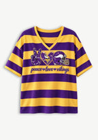 Women's Peace Love Minnesota Vikings Football Striped V Neck T-Shirt