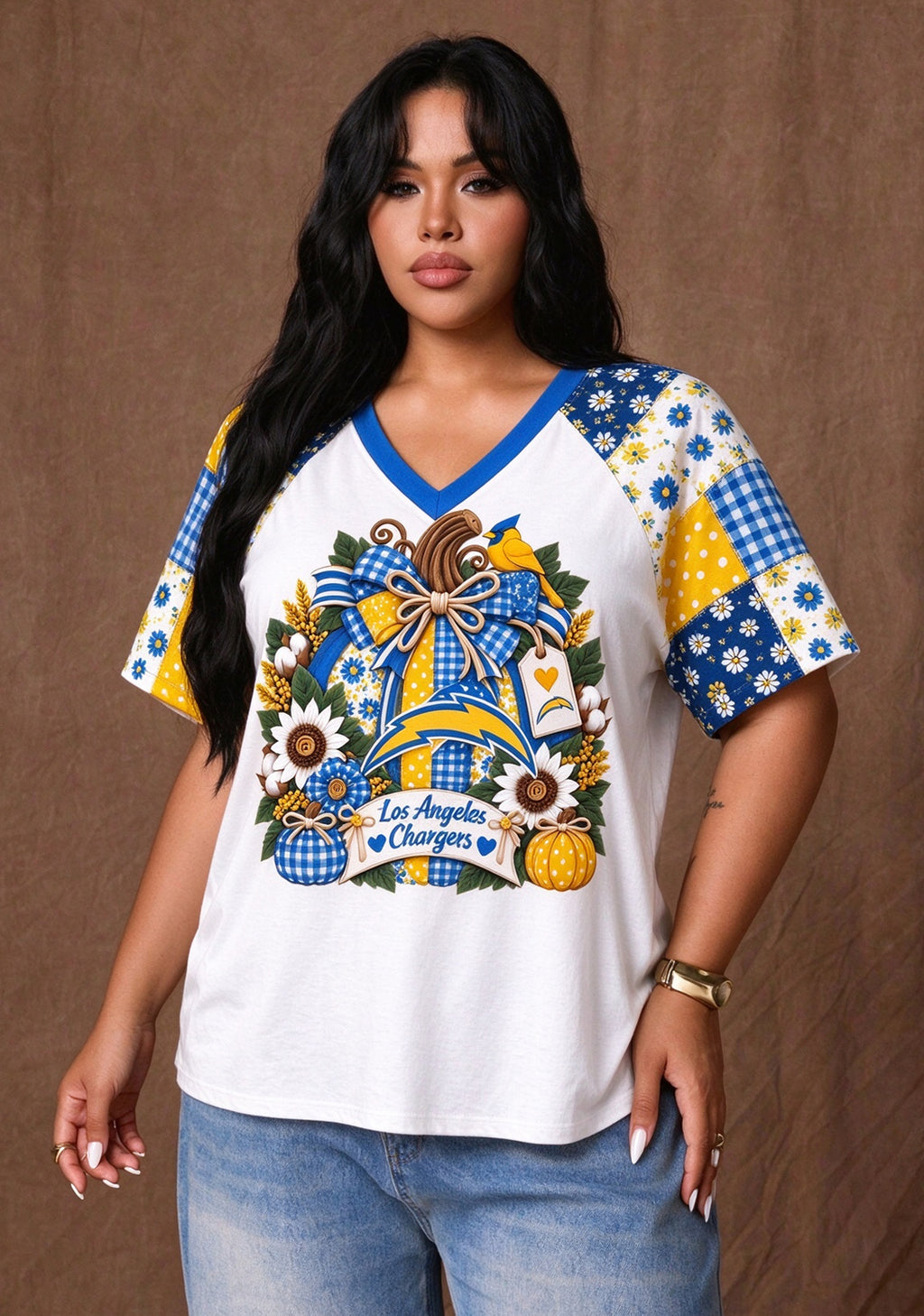 Women's Los Angeles Chargers Patchwork Sleeve V-Neck Raglan T-Shirt