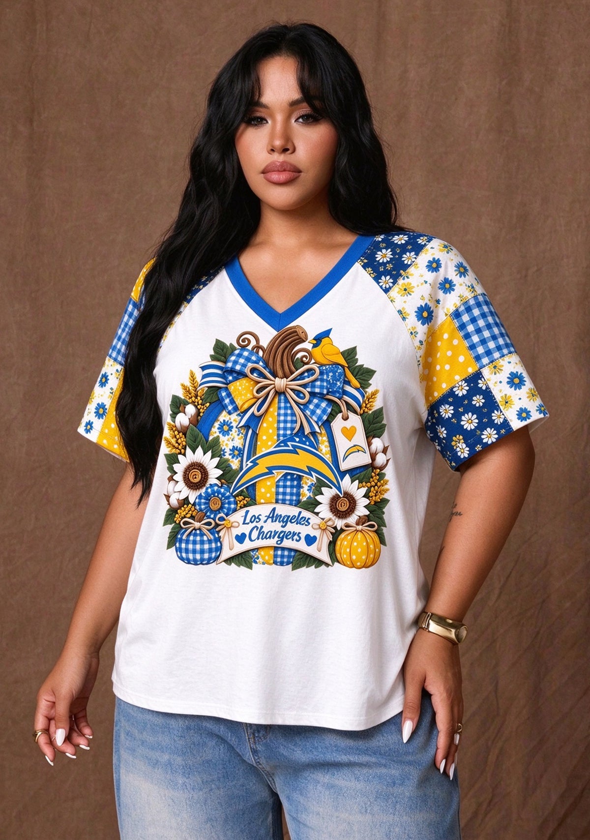 Women's Los Angeles Chargers Patchwork Sleeve V-Neck Raglan T-Shirt