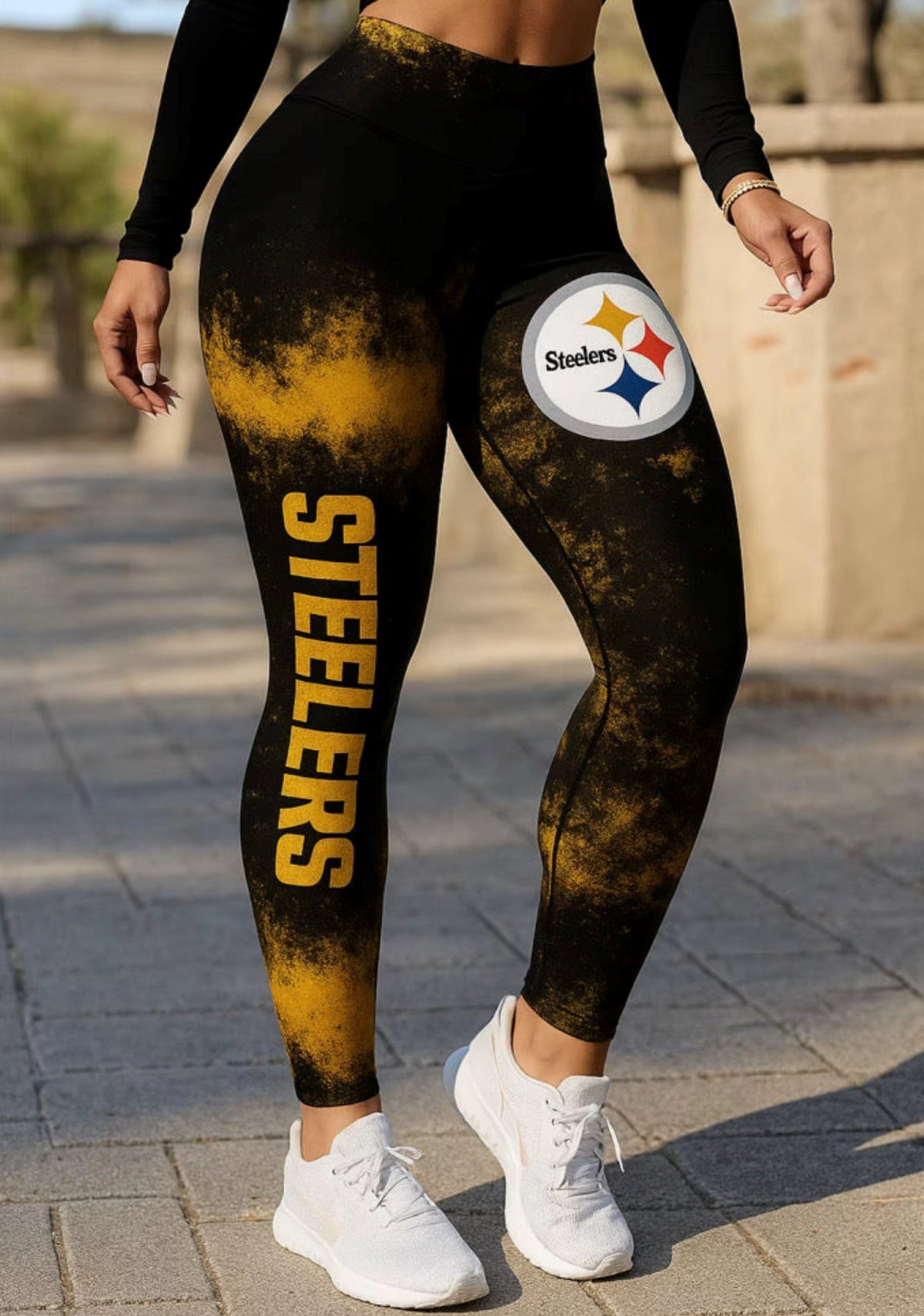 Pittsburgh Steelers Black Gold Workout Leggings For Lady