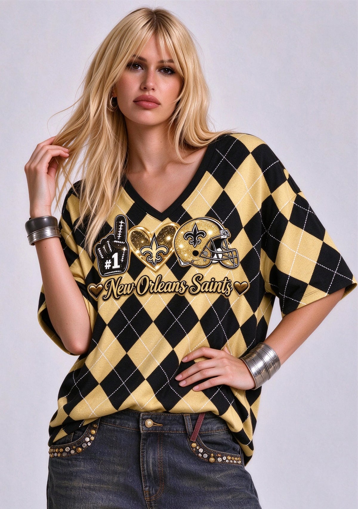 Women's New Orleans Saints Argyle #1 Fan Heart Helmet V-Neck T-Shirt