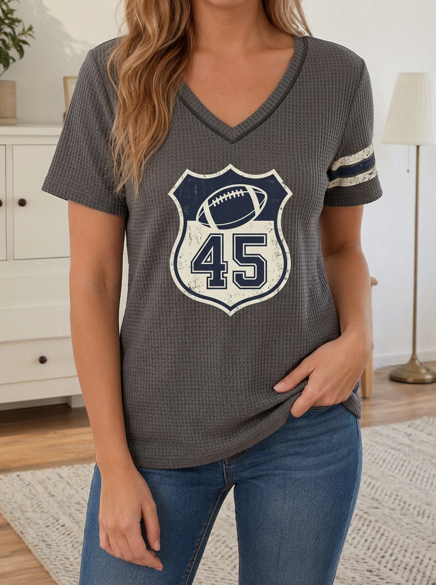 Women's Football Fan Number 45 Shield Printed Waffle Top