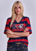 Women's Peace Love New England Patriots Football Striped V Neck T-Shirt