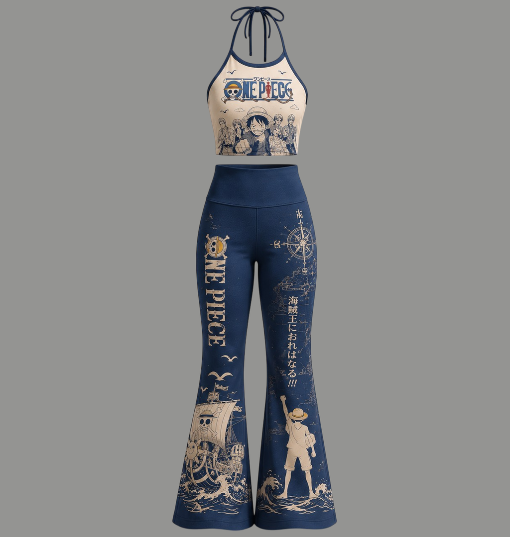 One Piece Halter Crop Top + High Waist Flared Pants Matching 2-Piece Set