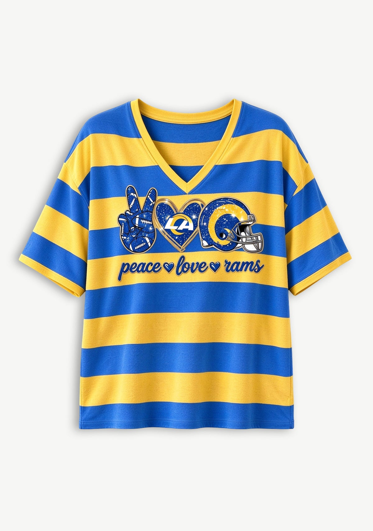 Women's Peace Love Los Angeles Rams Football Striped V Neck T-Shirt