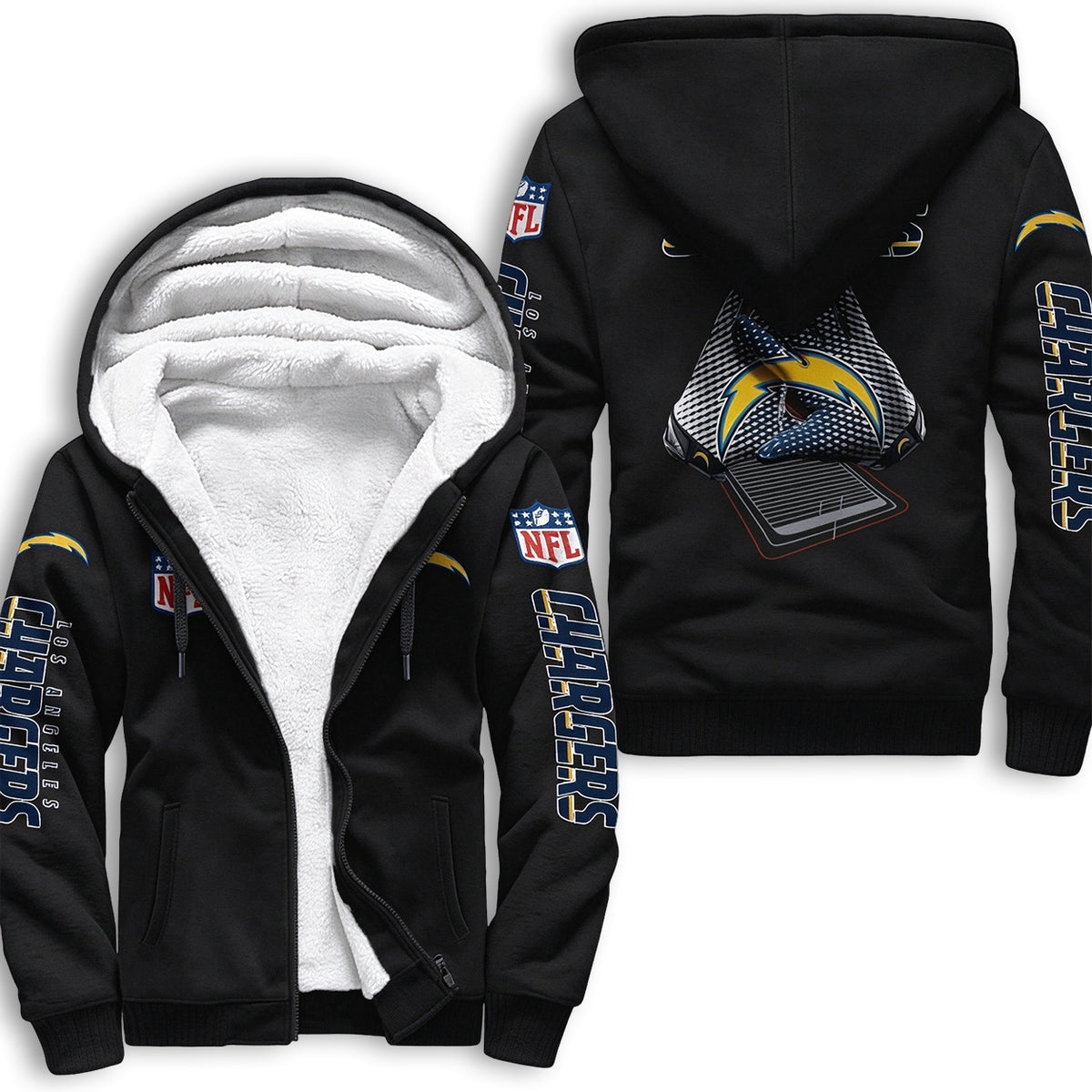 Los Angeles Chargers Fleece Lined Zip Up Football Fan Hooded Jacket
