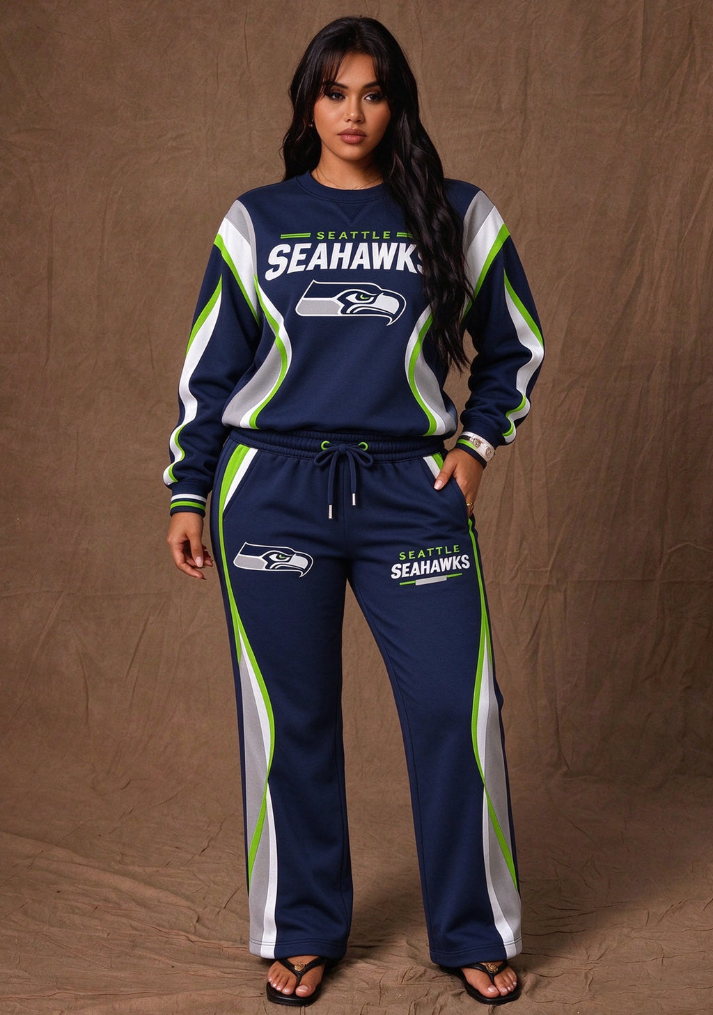 Women's Seattle Seahawks Crewneck Sweatshirt & Flared Pants 2 Piece Set