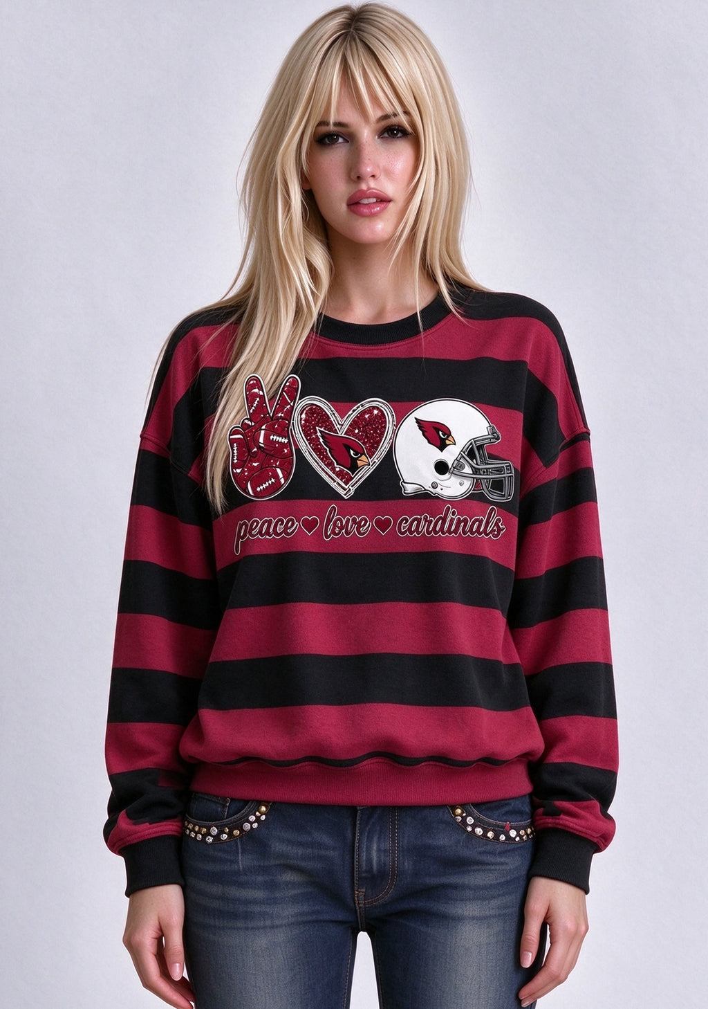 Women's Peace Love Arizona Cardinals Striped Crewneck Sweatshirt
