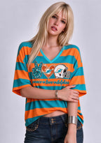 Women's Peace Love Miami Dolphins Football Striped V Neck T-Shirt
