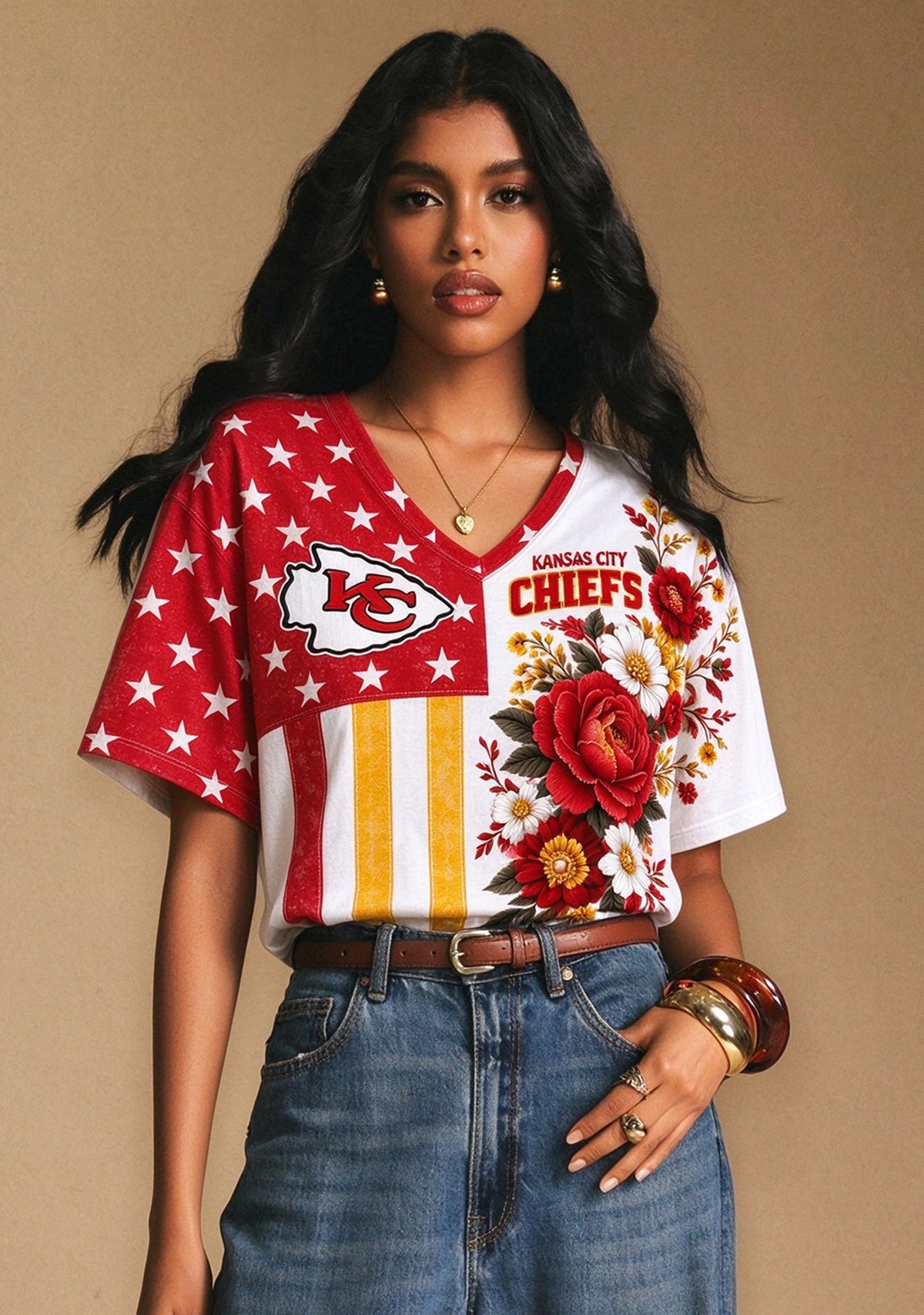 Women's Kansas City Chiefs American Flag Floral V-Neck T-Shirt Main image
