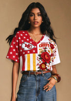 Women's Kansas City Chiefs American Flag Floral V-Neck T-Shirt