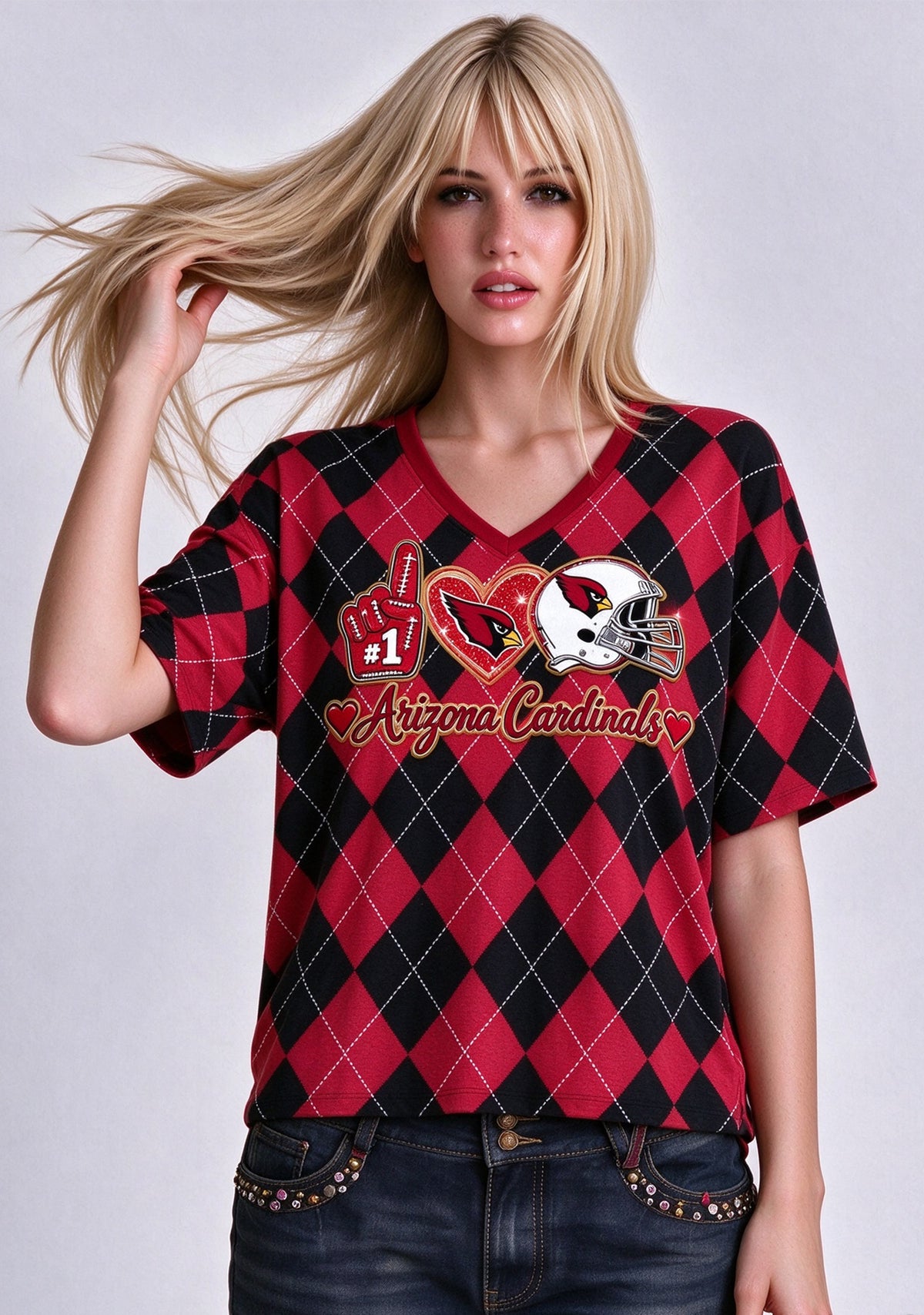 Women's Arizona Cardinals Argyle #1 Fan Heart Helmet V-Neck T-Shirt Main image