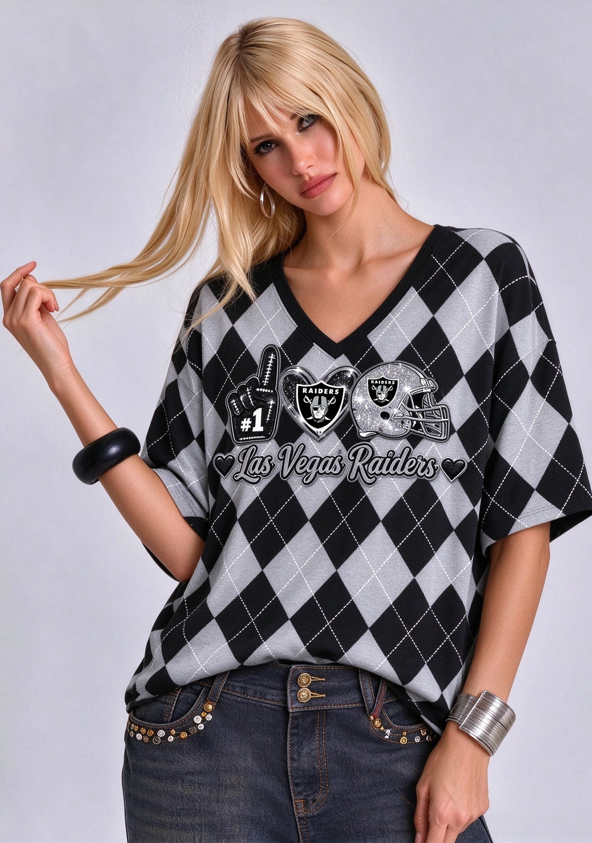 Women's Las Vegas Raiders Argyle #1 Fan Heart Helmet V-Neck T-Shirt Main image